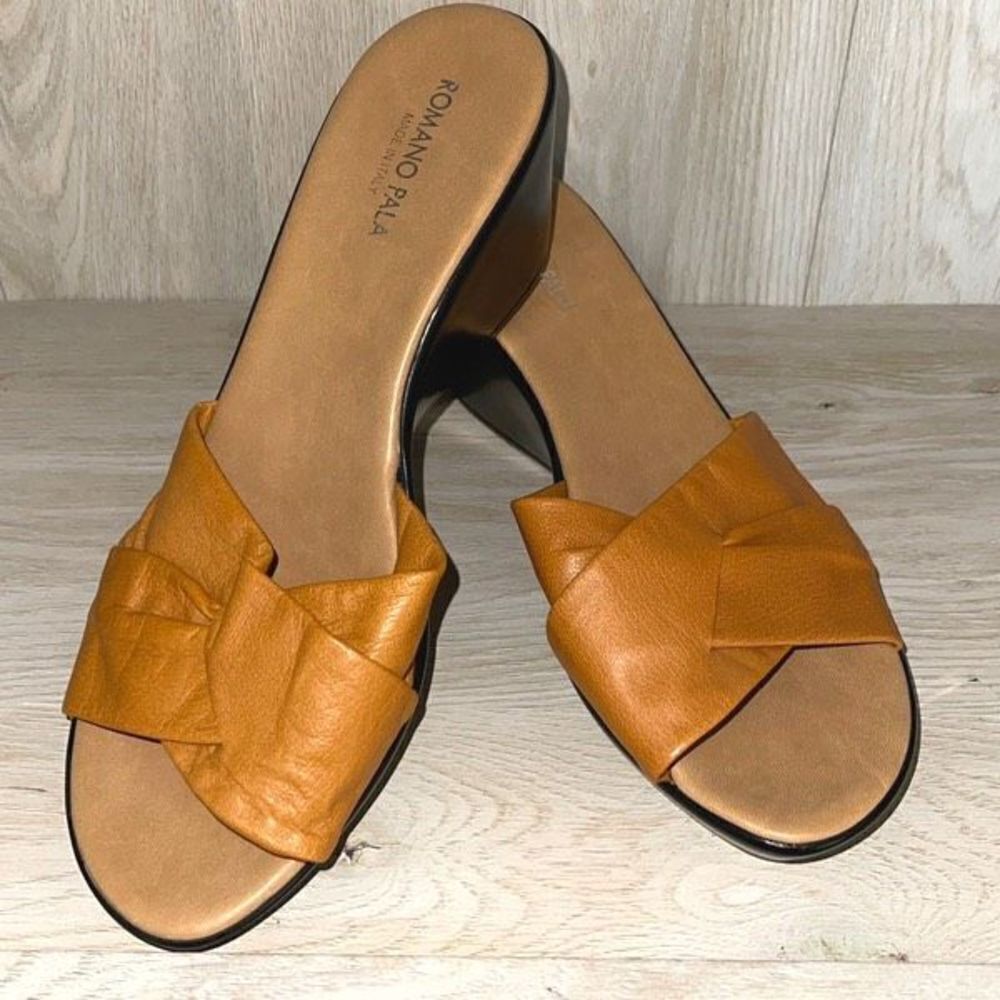 Romano Palai Womens‎ Leather Wedge Sandals Slip On Open Toe Yellow Gold Size 10M